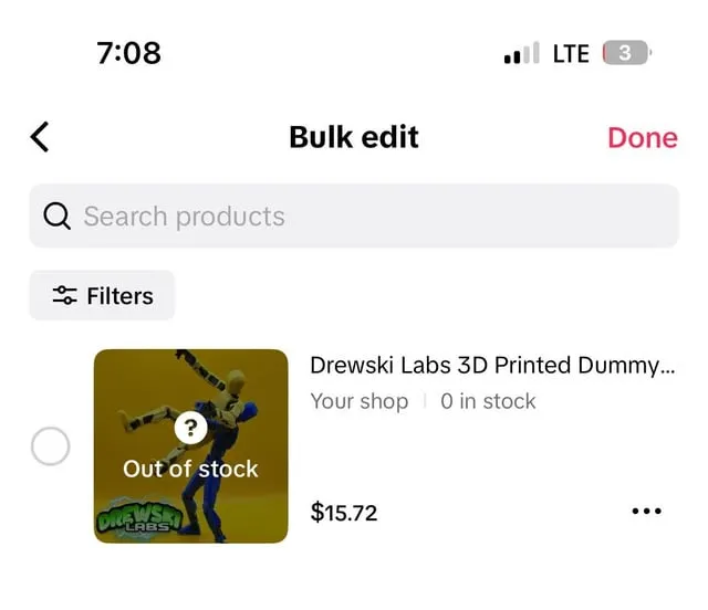 TikTok Shop 上的 2 款商品缺貨